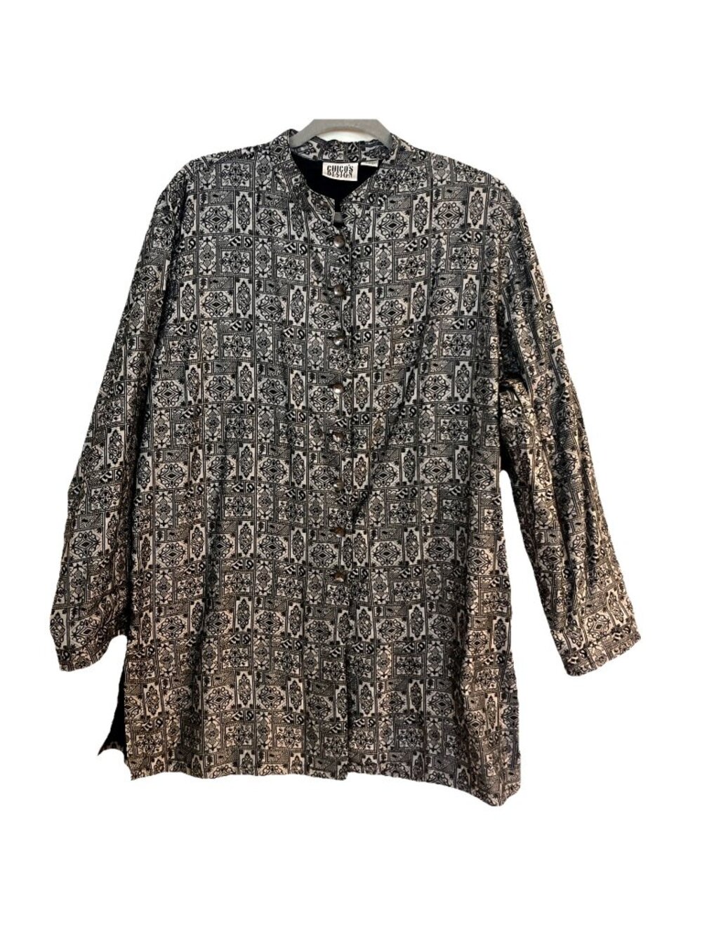 Chicos’s Design Tunic Jacket Womens 3 Black Silver Design Bohemian XL Button Up